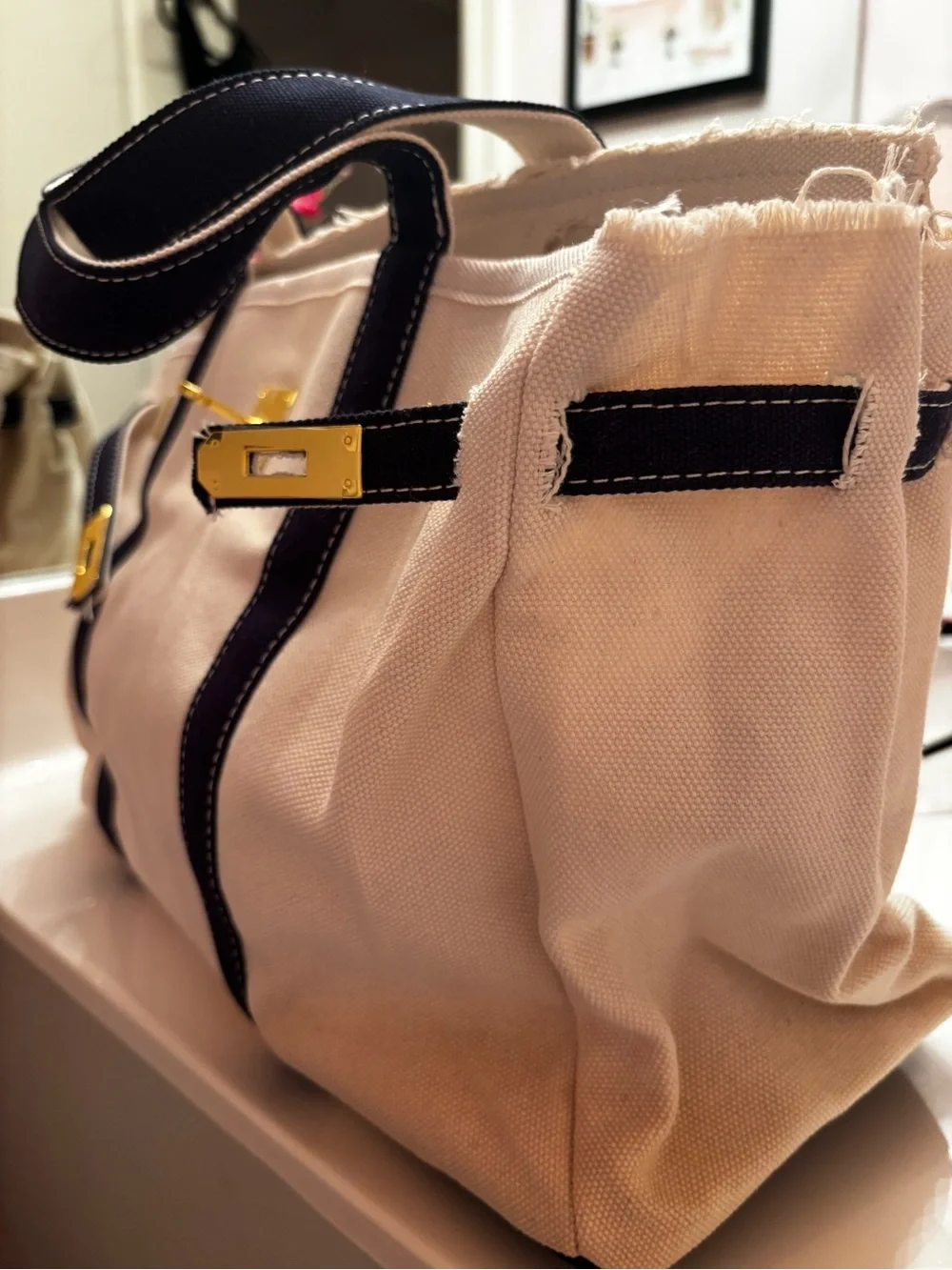 Canvas Tote with Navy Trim and Gold Hardware NWOT